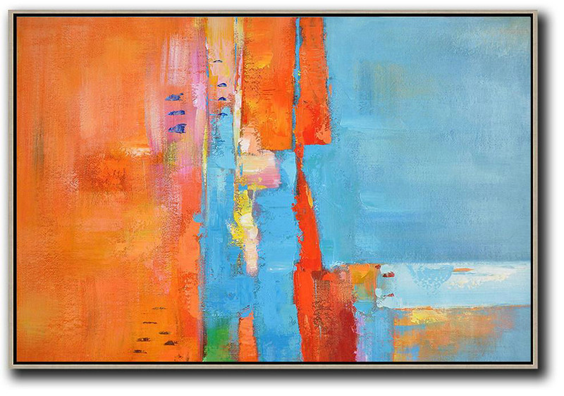 Abstract Painting Extra Large Canvas Art,Oversized Horizontal Contemporary Art,Hand Painted Acrylic Painting,Orange,Sky Blue,Yellow.etc